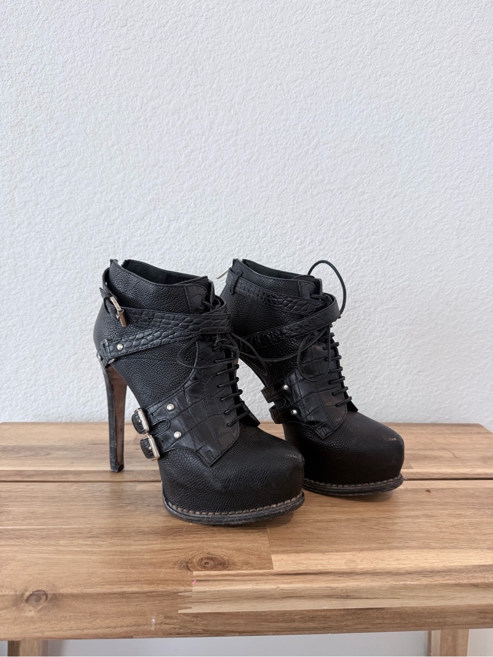 Christian Dior- Black Leather Lace Up Guetre Ankle Heel Boots- 6/36.5